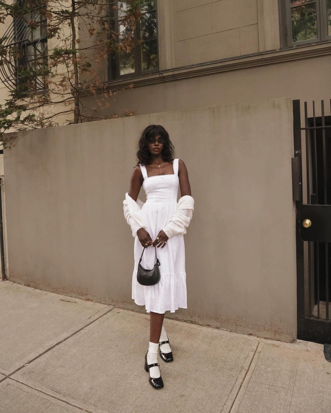 White Tiered Midi Dress With Cream Cropped Cardigan White Tiered Midi Dress With Cream Cropped Cardigan — Classy Dress with Cardigan
