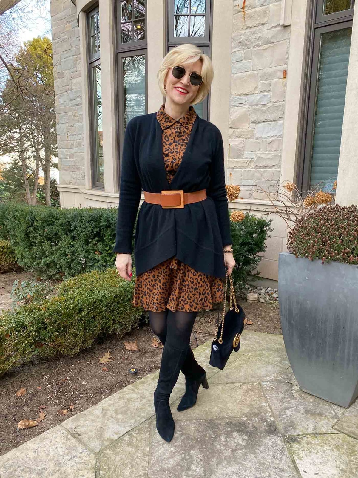 Leopard Print Dress With Black Knit Cardigan Leopard Print Dress With Black Knit Cardigan — Classy Dress with Cardigan