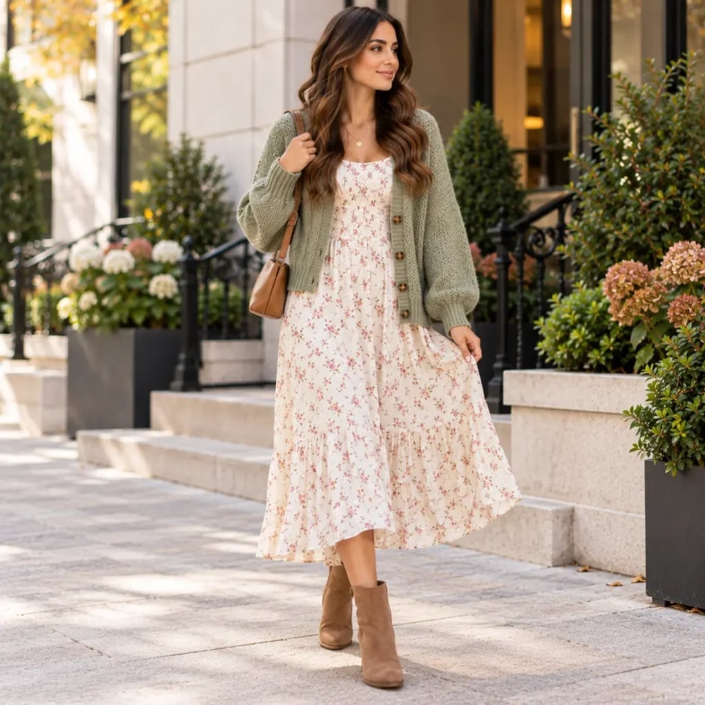 Floral Print Tiered Dress With Chunky Green Cardigan Floral Print Tiered Dress With Chunky Green Cardigan — Classy Dress with Cardigan