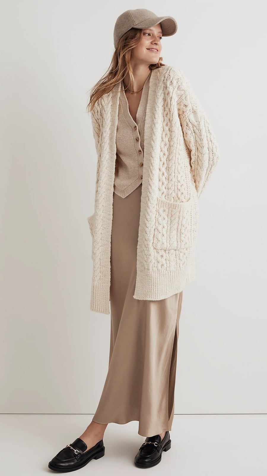 Beige Satin Dress With Longline Cable Knit Cardigan Beige Satin Dress With Longline Cable Knit Cardigan — Classy Dress with Cardigan