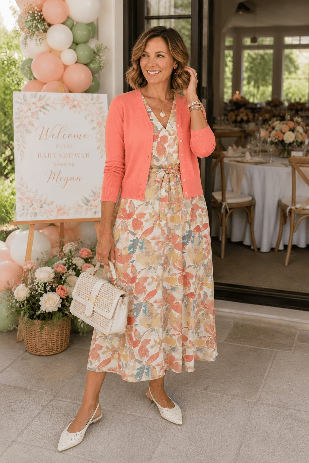 Floral A-Line Dress With Coral Pink Knit Cardigan Floral A-Line Dress With Coral Pink Knit Cardigan — Classy Dress with Cardigan