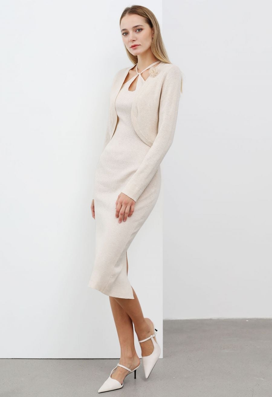 Cream Ribbed Midi Dress With Matching Cardigan Set Cream Ribbed Midi Dress With Matching Cardigan Set — Classy Dress with Cardigan