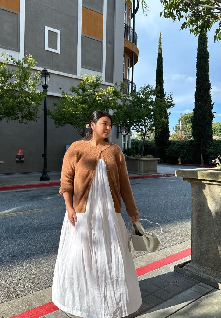 White Maxi Dress With Fluffy Brown Cardigan White Maxi Dress With Fluffy Brown Cardigan — Classy Dress with Cardigan
