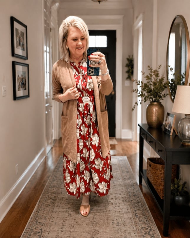 Floral Print Midi Dress With Beige Short Cardigan Floral Print Midi Dress With Beige Short Cardigan — Classy Dress with Cardigan