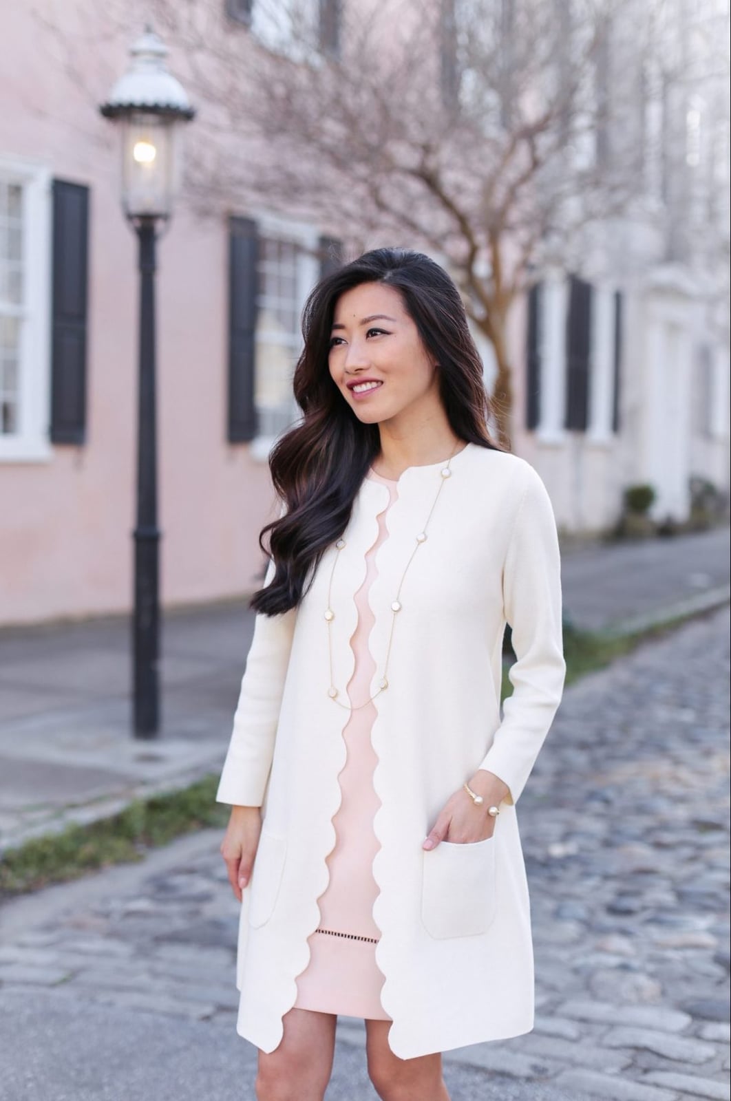 Pale Pink Shift Dress With Scalloped Edge Cardigan Pale Pink Shift Dress With Scalloped Edge Cardigan — Classy Dress with Cardigan