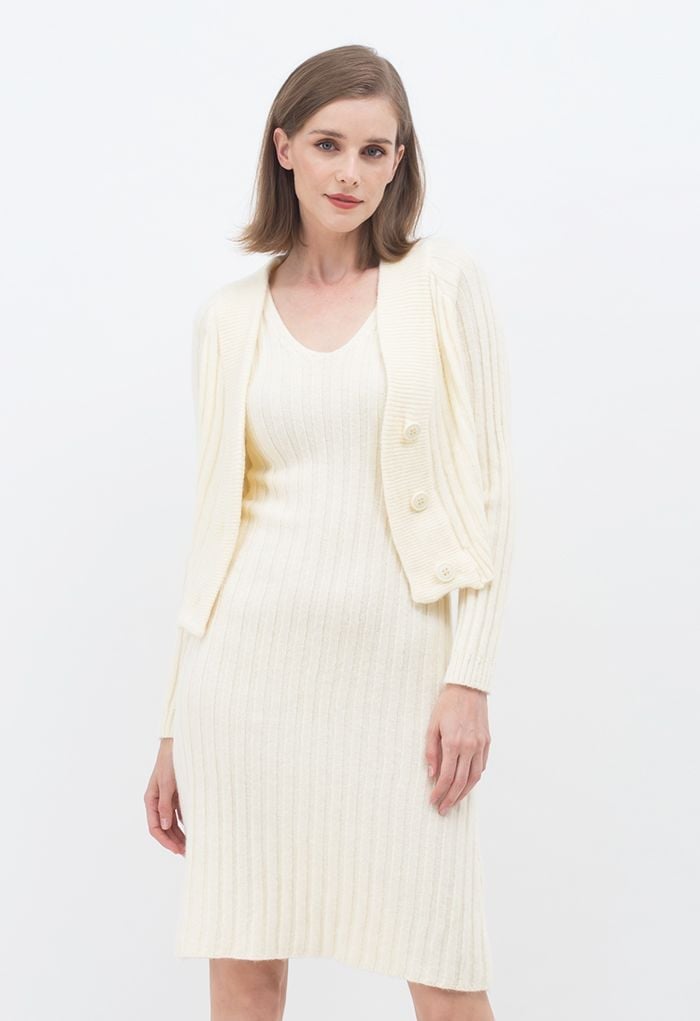 Cream Ribbed Knit Sleeveless Dress And Cardigan Set Cream Ribbed Knit Sleeveless Dress And Cardigan Set — Classy Dress with Cardigan