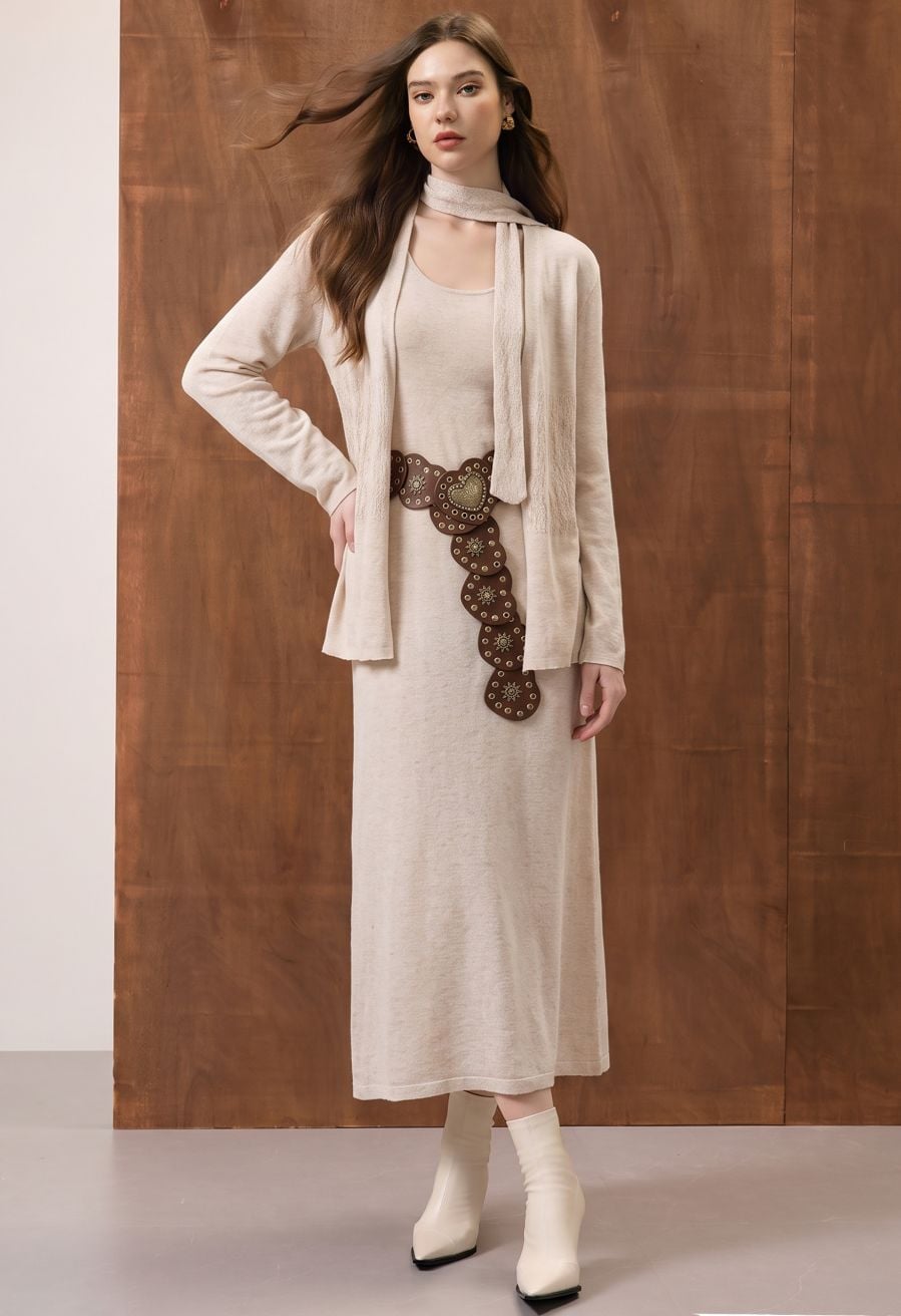 Oatmeal Knit Dress With Longline Cardigan And Scarf Oatmeal Knit Dress With Longline Cardigan And Scarf — Classy Dress with Cardigan