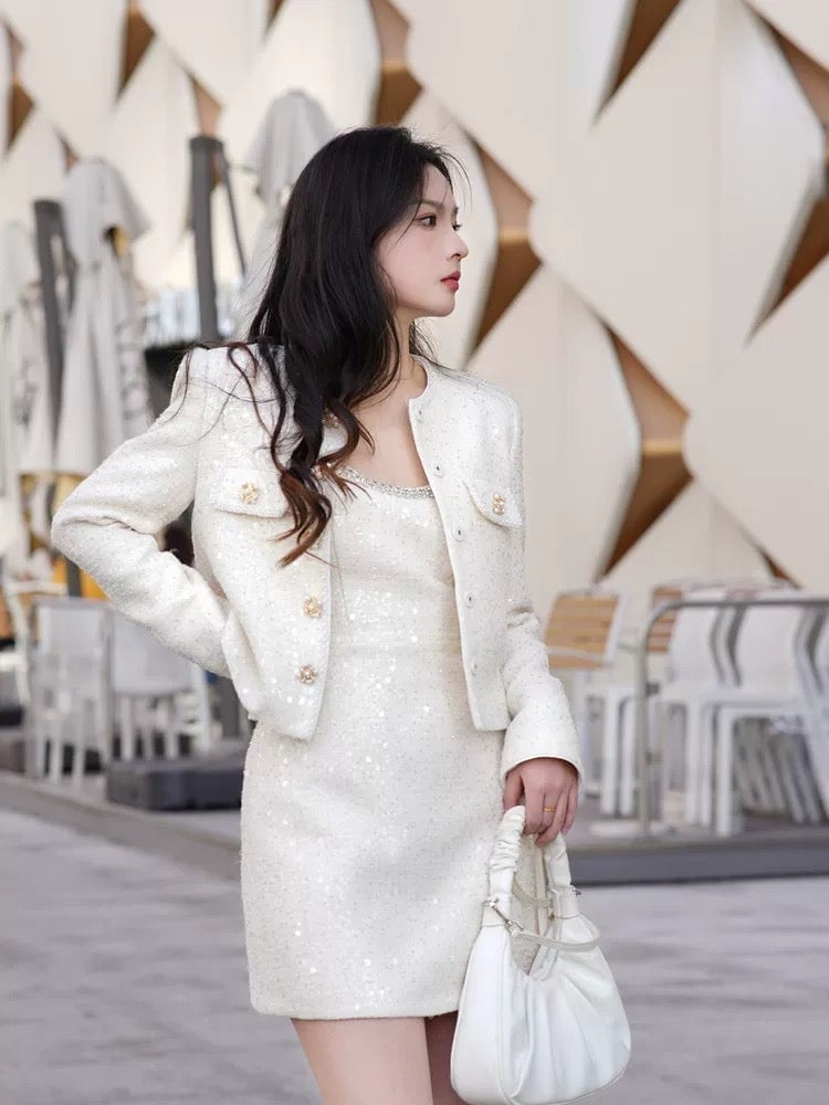 Ivory Sequined Mini Dress with Structured Boucle Jacket Ivory Sequined Mini Dress with Structured Boucle Jacket — Classy Dress with Jacket