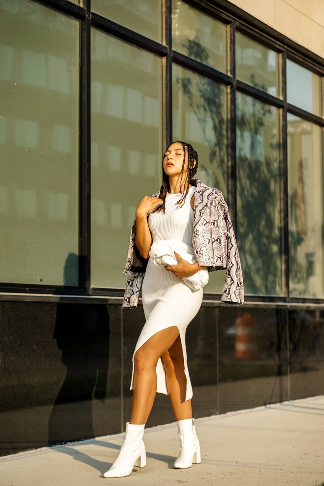 White Ribbed Knit Midi Dress with Snake Print Jacket White Ribbed Knit Midi Dress with Snake Print Jacket — Classy Dress with Jacket
