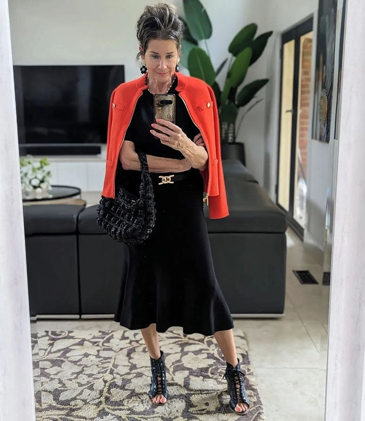 Black Fit-And-Flare Midi Dress with Orange Cardigan Black Fit-And-Flare Midi Dress with Orange Cardigan — Classy Dress with Jacket