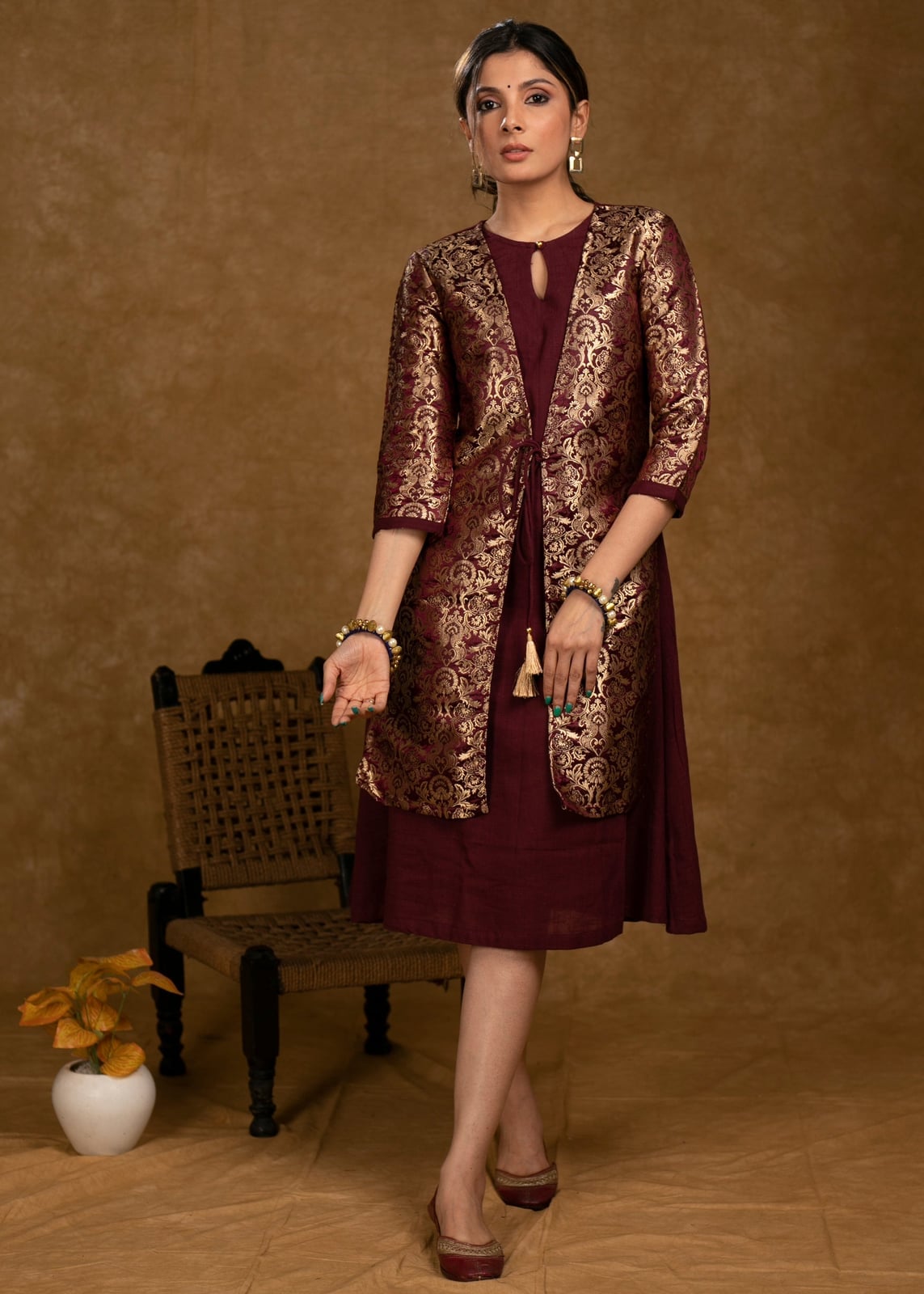 Burgundy Cotton A-line Dress with Gold Brocade Jacket Burgundy Cotton A-line Dress with Gold Brocade Jacket — Classy Dress with Jacket