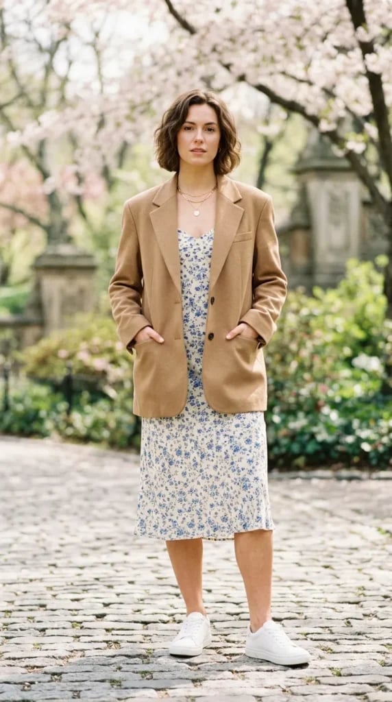 Blue Floral Print Midi Dress with Camel Blazer Blue Floral Print Midi Dress with Camel Blazer — Classy Dress with Jacket