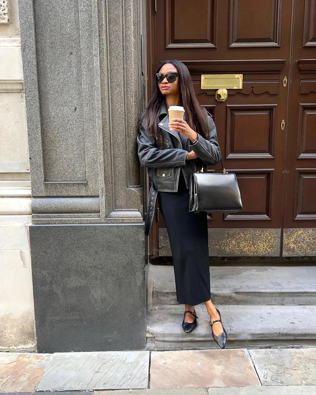 Black Ribbed Midi Dress with Black Leather Moto Jacket Black Ribbed Midi Dress with Black Leather Moto Jacket — Classy Dress with Jacket