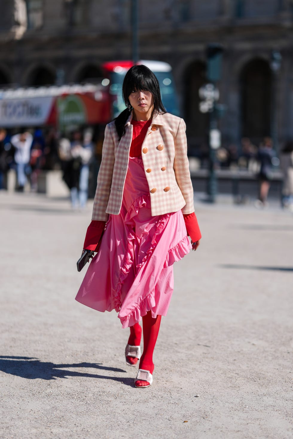 Pink Ruffled Midi Dress with Gingham Double-Breasted Jacket Pink Ruffled Midi Dress with Gingham Double-Breasted Jacket — Classy Dress with Jacket