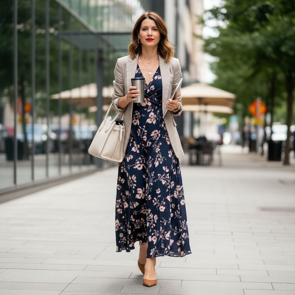Navy Floral Print Midi Wrap Dress with Beige Linen-Blend Blazer Navy Floral Print Midi Wrap Dress with Beige Linen-Blend Blazer — Classy Dress with Jacket