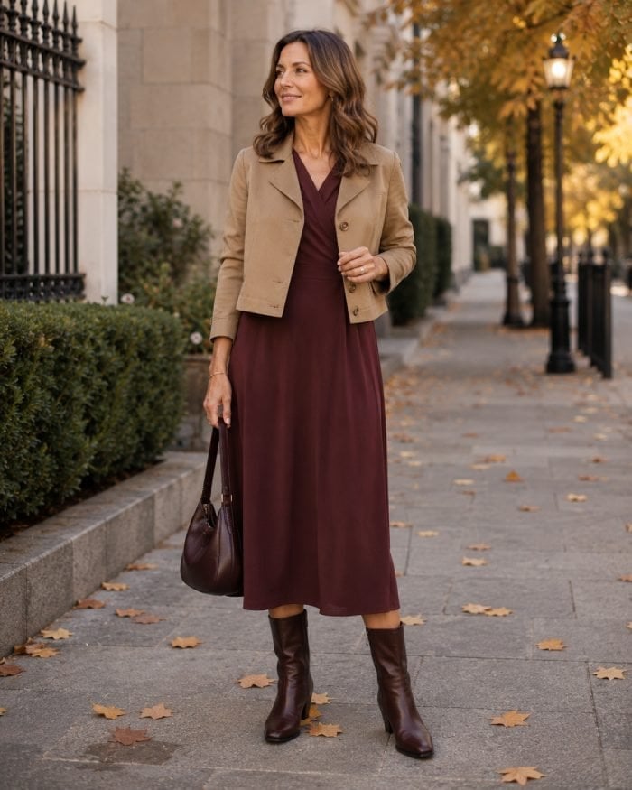 Burgundy Midi Dress with Tan Cropped Suede Jacket Burgundy Midi Dress with Tan Cropped Suede Jacket — Classy Dress with Jacket