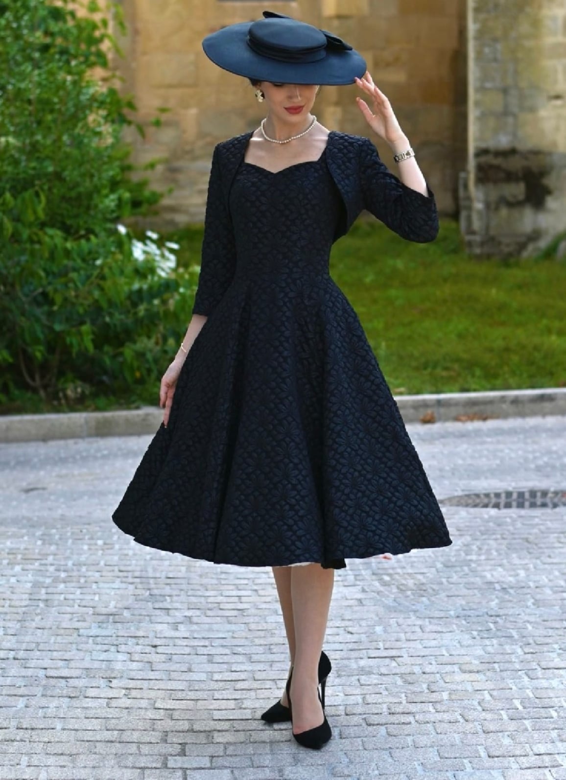 Black Jacquard Fit-And-Flare Midi Dress with Cropped Jacket Black Jacquard Fit-And-Flare Midi Dress with Cropped Jacket — Classy Dress with Jacket