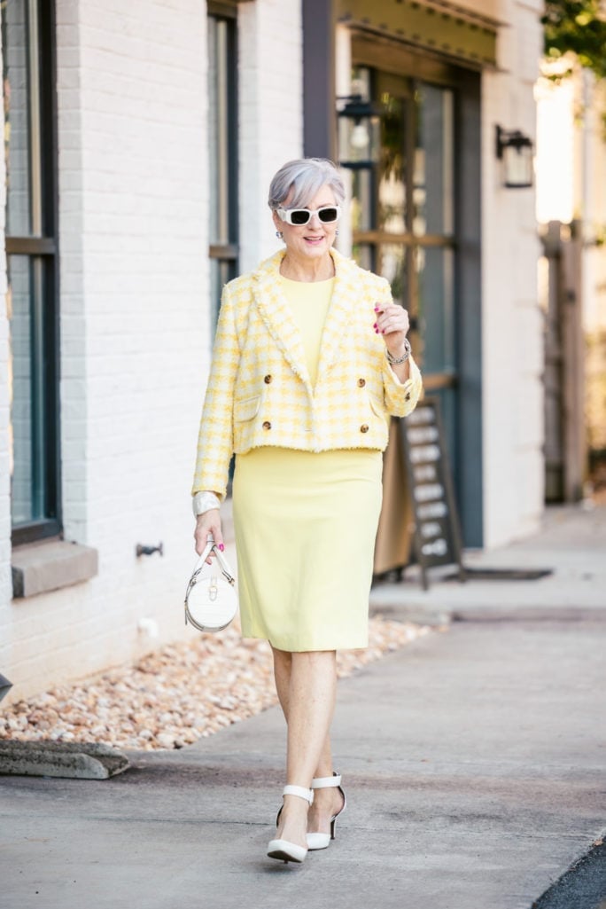 Yellow Sheath Dress with Matching Cropped Tweed Jacket Yellow Sheath Dress with Matching Cropped Tweed Jacket — Classy Dress with Jacket