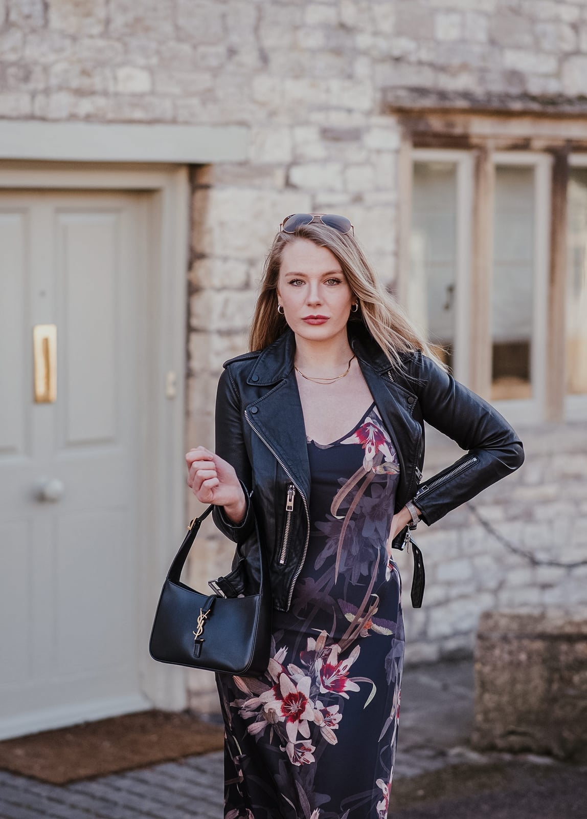 Dark Floral Print Midi Dress with Leather Motorcycle Jacket Dark Floral Print Midi Dress with Leather Motorcycle Jacket — Classy Dress with Jacket