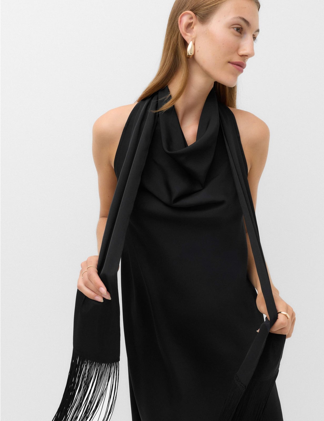 Black Halter Neck Dress with Fringe Scarf Black Halter Neck Dress with Fringe Scarf — Classy Dress with Scarf