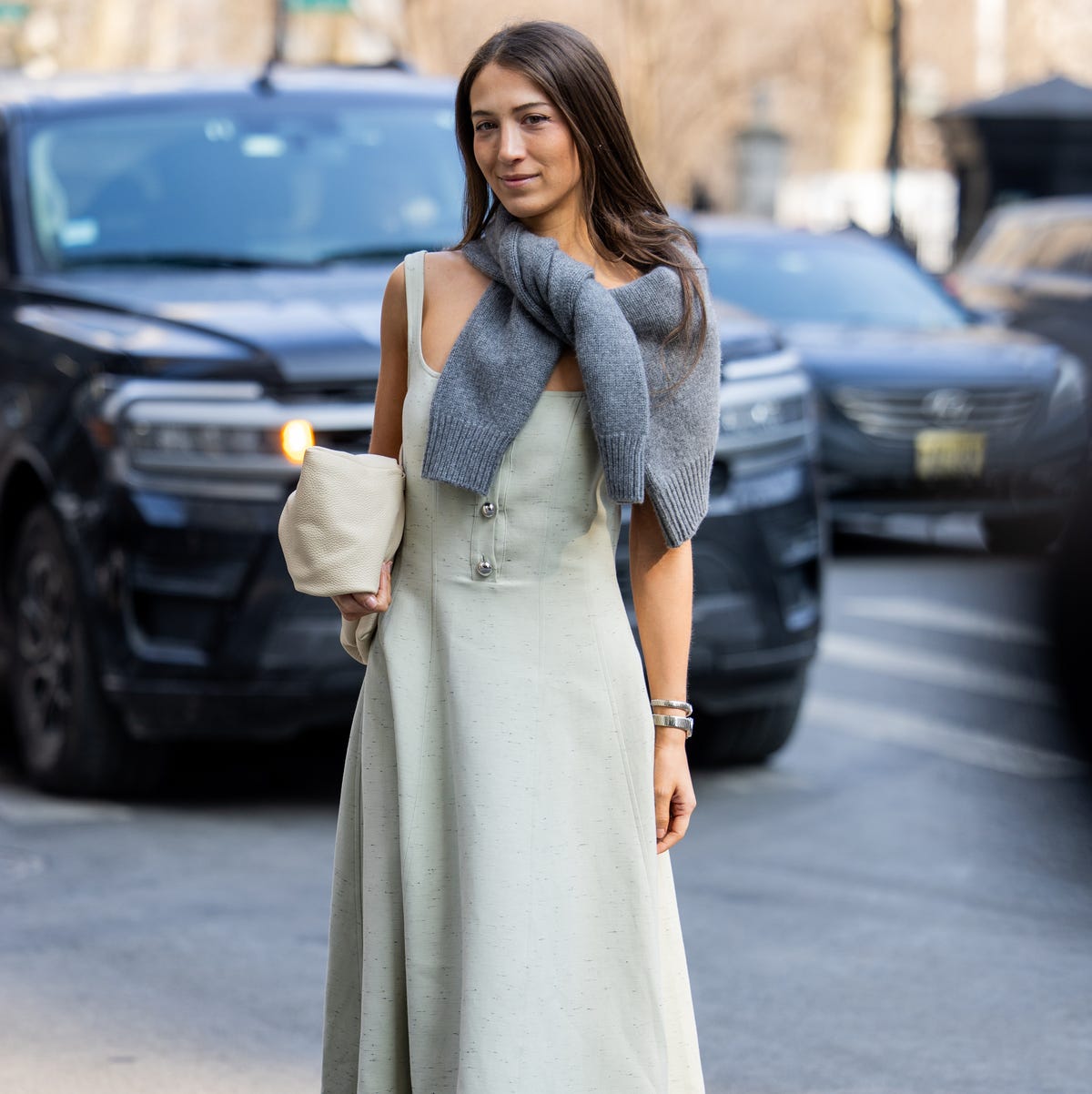 Pale Green A-Line Dress with Draped Sweater Pale Green A-Line Dress with Draped Sweater — Classy Dress with Scarf