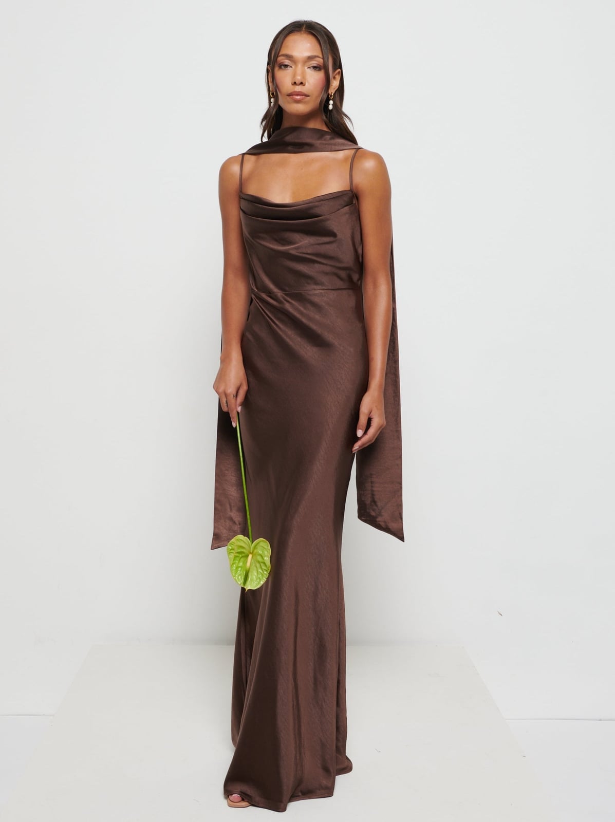 Chocolate Brown Satin Slip Dress with Integrated Scarf Chocolate Brown Satin Slip Dress with Integrated Scarf — Classy Dress with Scarf