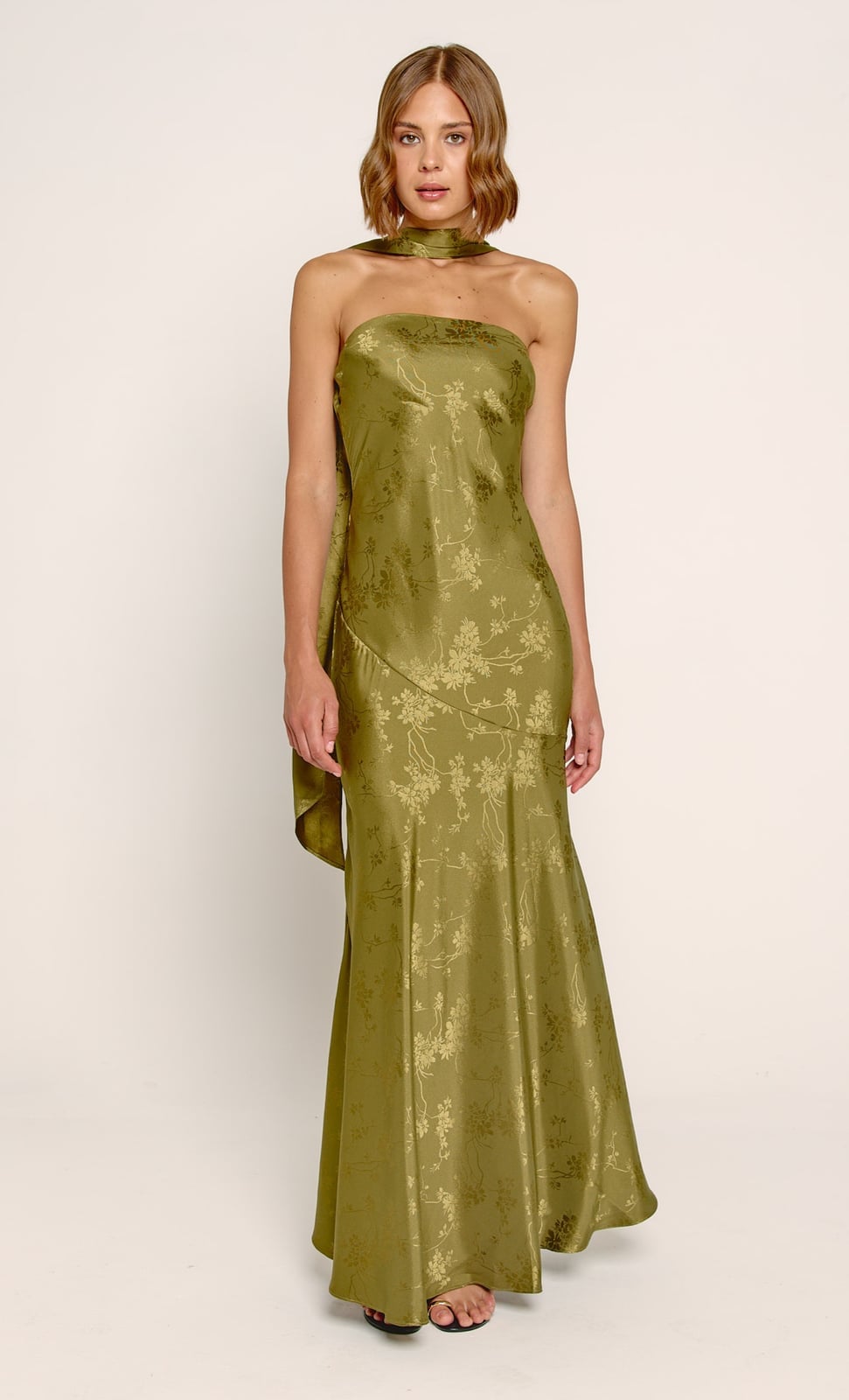 Olive Green Gown with Draped Scarf Detail Olive Green Gown with Draped Scarf Detail — Classy Dress with Scarf