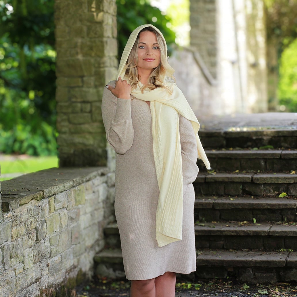 Beige Knit Dress with Large Cable-Knit Scarf Beige Knit Dress with Large Cable-Knit Scarf — Classy Dress with Scarf