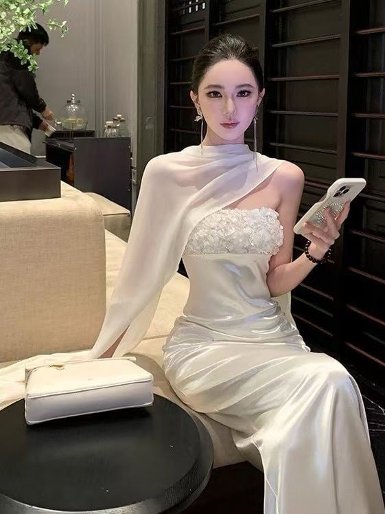 Ivory Satin Maxi Dress with Sheer Draped Scarf Ivory Satin Maxi Dress with Sheer Draped Scarf — Classy Dress with Scarf