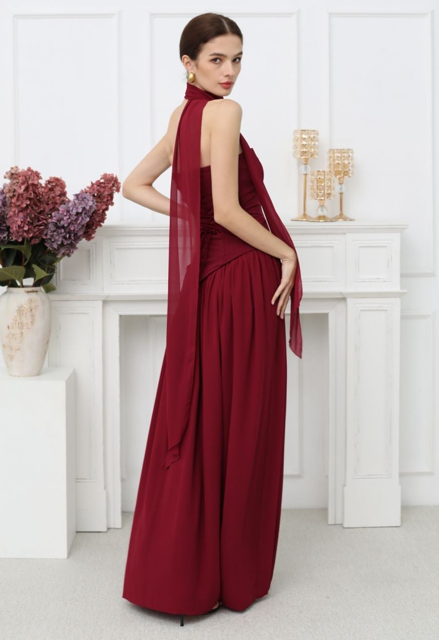 Red Halter Maxi Dress with Flowing Scarf Red Halter Maxi Dress with Flowing Scarf — Classy Dress with Scarf