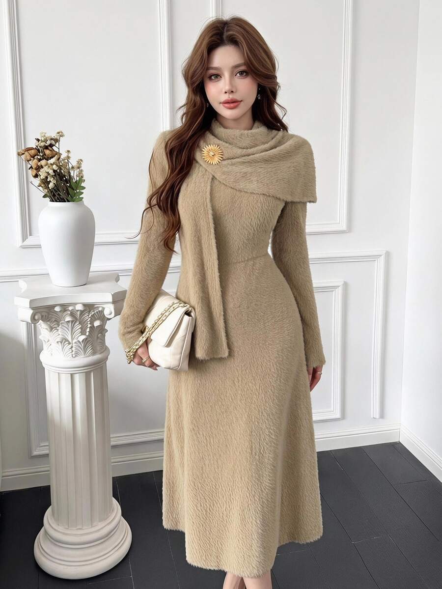 Beige Knit Dress with Scarf Collar Beige Knit Dress with Scarf Collar — Classy Dress with Scarf