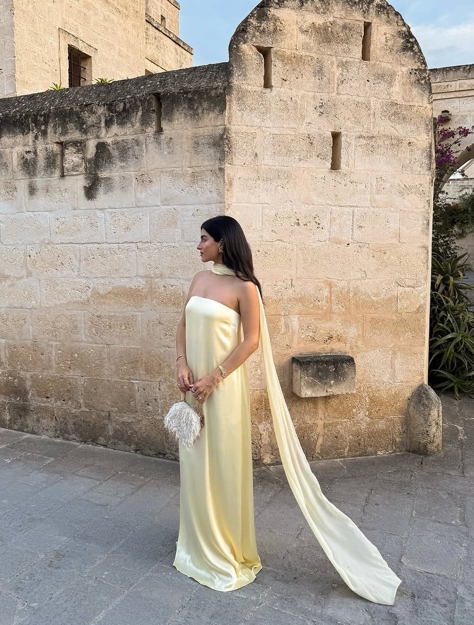 Pale Yellow Silk Dress with Draped Scarf Train Pale Yellow Silk Dress with Draped Scarf Train — Classy Dress with Scarf
