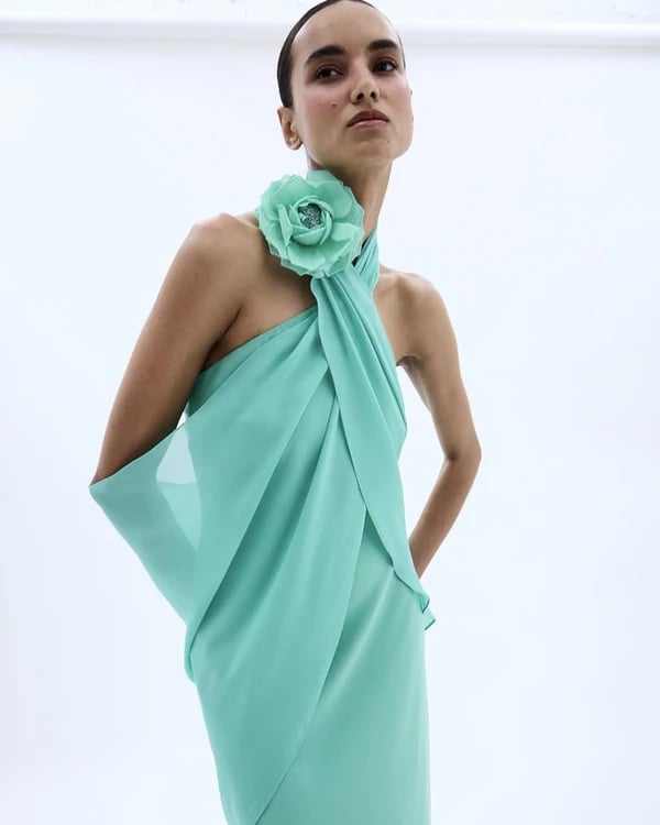 Mint Green Halter Neck Dress with Scarf Draping Mint Green Halter Neck Dress with Scarf Draping — Classy Dress with Scarf