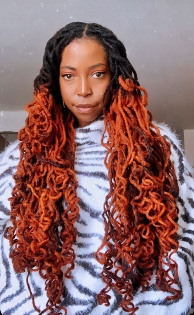 Thick Curly Locs Black To Fiery Orange Ombre Thick Curly Locs Black To Fiery Orange Ombre — Classy Dyed Locs