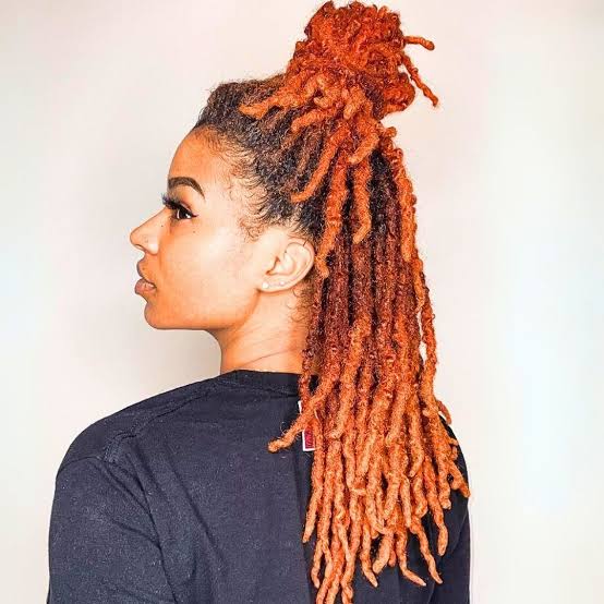 Mid-Back Orange Ombre Locs Updo Mid-Back Orange Ombre Locs Updo — Classy Dyed Locs