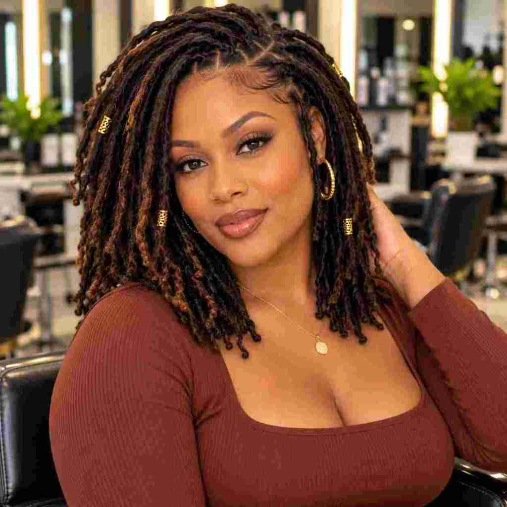Collarbone Locs With Auburn Highlights And Beads Collarbone Locs With Auburn Highlights And Beads — Classy Dyed Locs