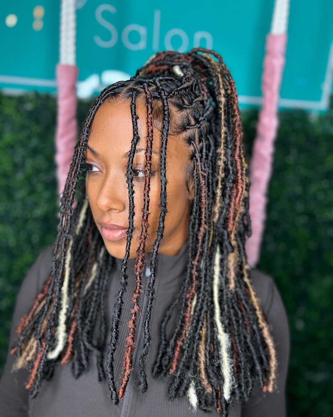 Mid-Back Locs Ponytail With Multi-Coloured Highlights Mid-Back Locs Ponytail With Multi-Coloured Highlights — Classy Dyed Locs