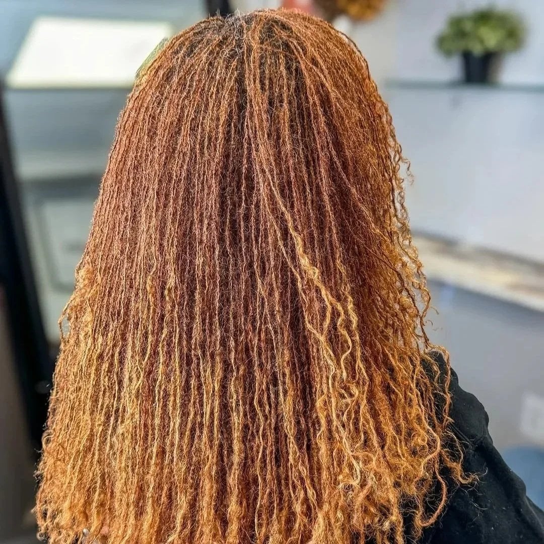 Mid-Back Micro Locs Copper Base With Blonde Highlights Mid-Back Micro Locs Copper Base With Blonde Highlights — Classy Dyed Locs