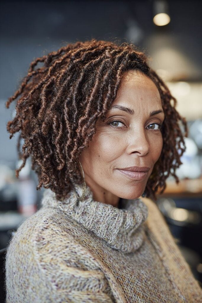 Short Curly Brown Sister Locs Short Curly Brown Sister Locs — Classy Dyed Locs