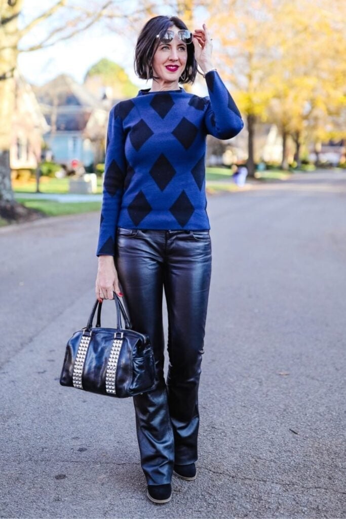 Leather Straight-Leg Trousers with Diamond-Print, Close-Up Take — Classy Edgy Outfits