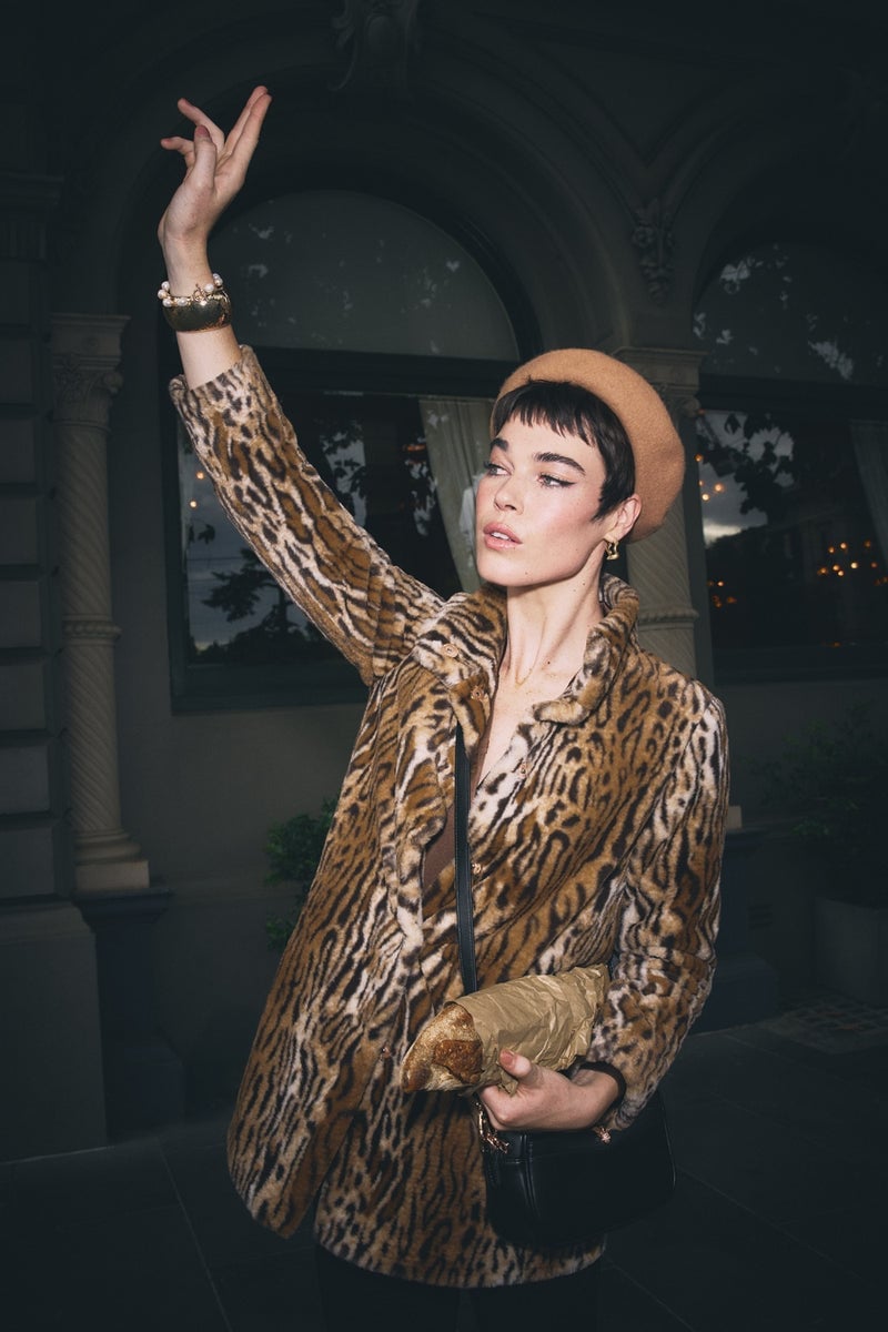 Animal Print Faux Fur Coat with Tan Beret — Classy Edgy Outfits
