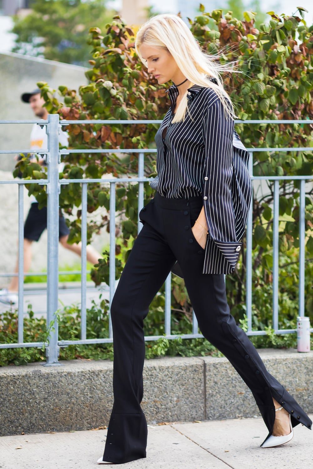 Black Wide-Leg Trousers with Striped Oversized, Office-Safe Version — Classy Edgy Outfits