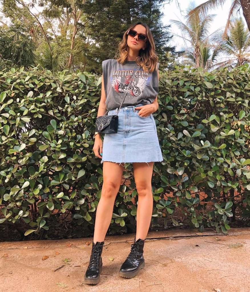 Graphic T-Shirt with Denim Mini Skirt and Chunky Boots — Classy Edgy Outfits
