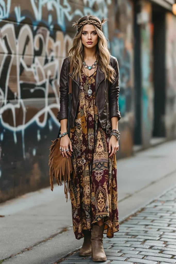 Leather Jacket Over a Long Patterned Boho Dress — Classy Edgy Outfits