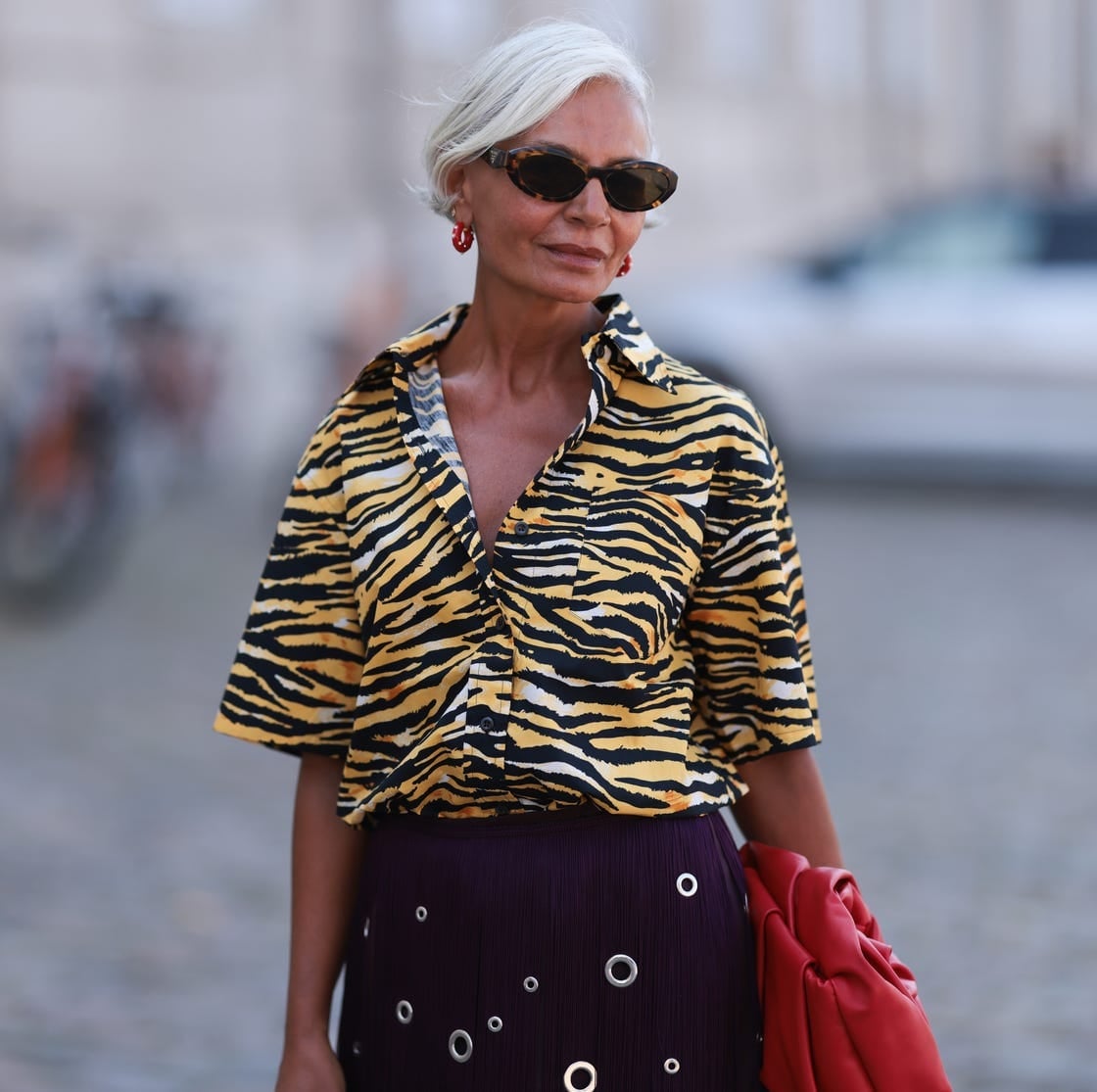 Tiger Print Shirt with Textured Purple Skirt — Classy Edgy Outfits
