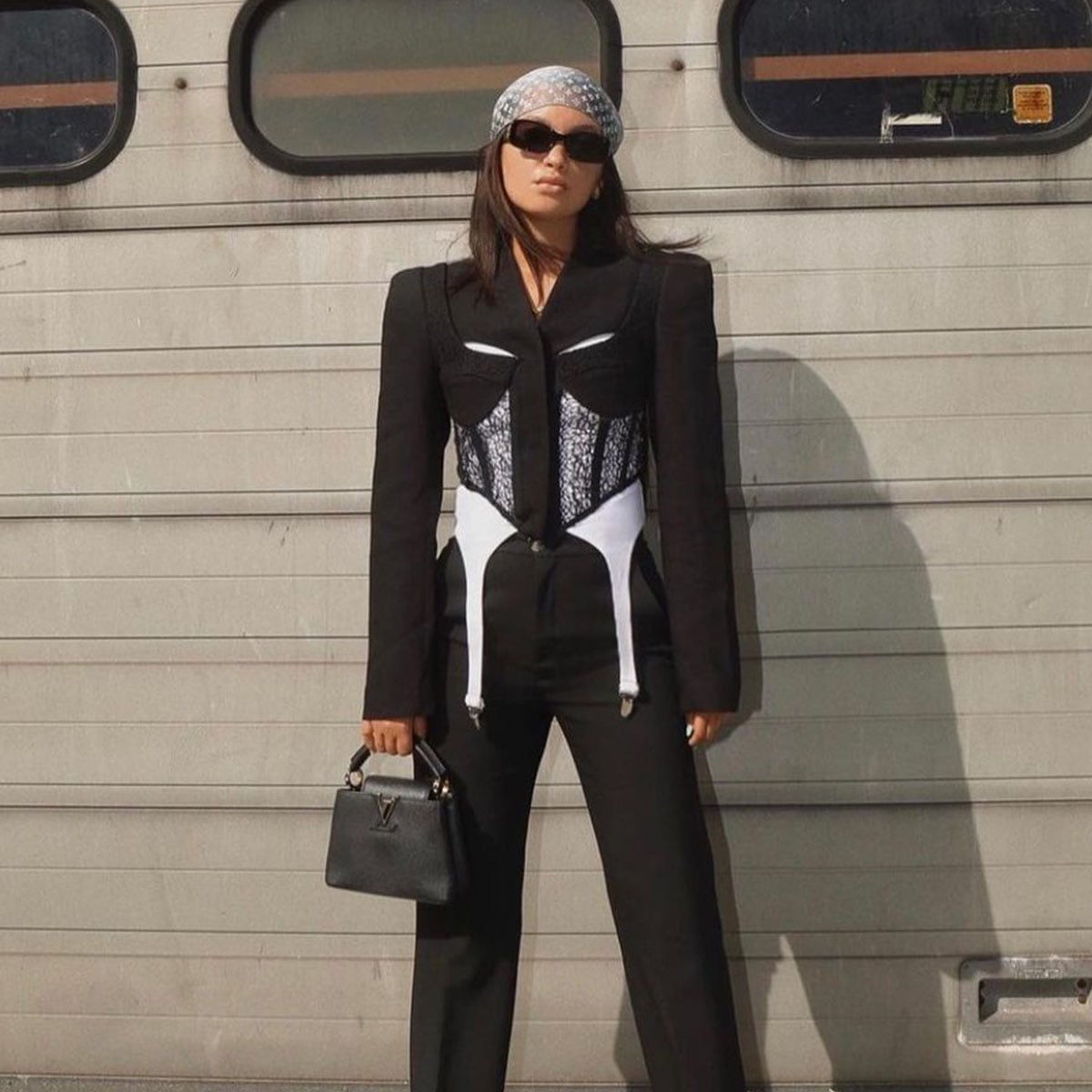Sharp Shouldered Blazer Over a Lace Corset Top — Classy Edgy Outfits