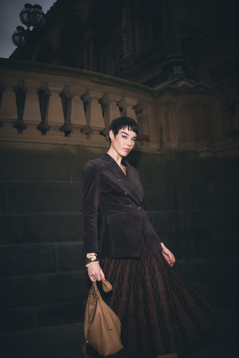 Velvet Double-Breasted Blazer with Patterned Dress — Classy Edgy Outfits