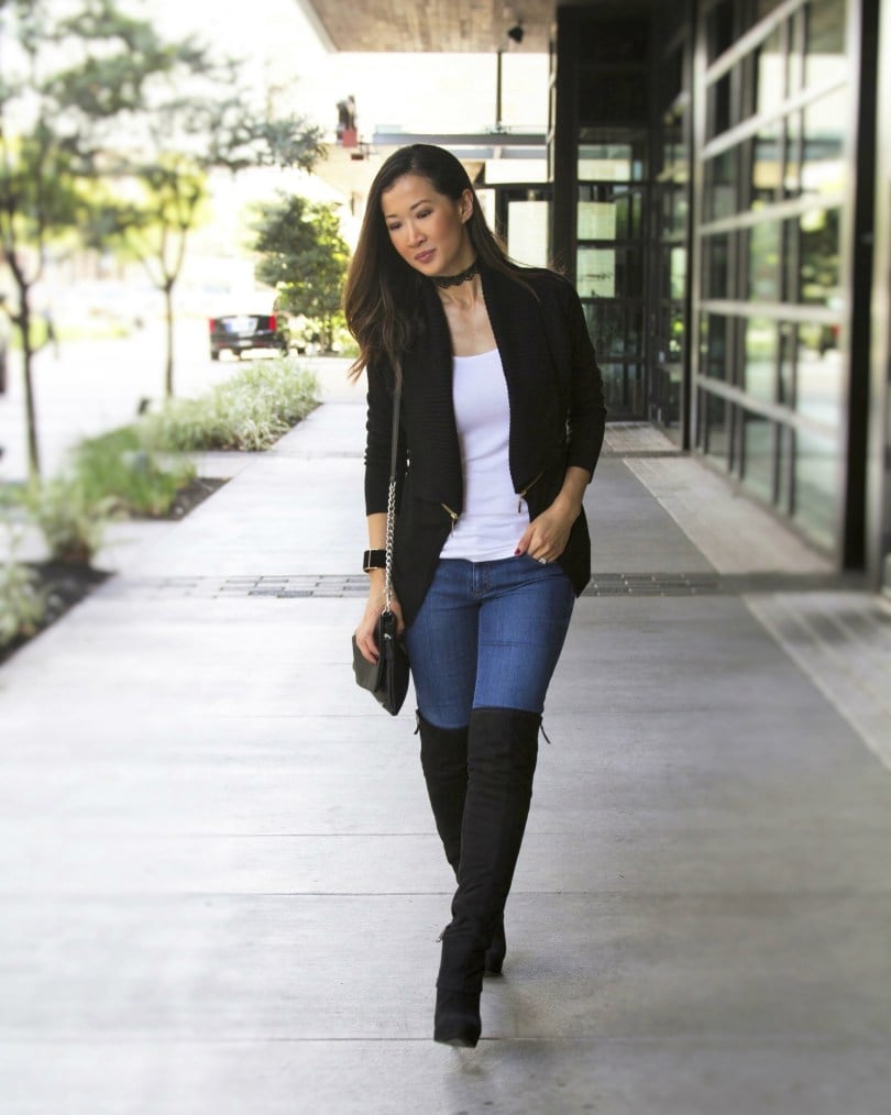 Over-the-knee Boots with Skinny Jeans and Cardigan — Classy Edgy Outfits