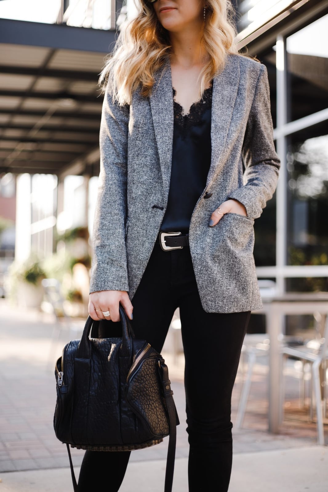 Grey Blazer Over Lace Camisole with Black Trousers — Classy Edgy Outfits