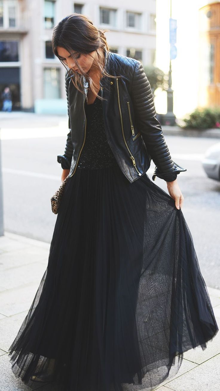 Leather Moto Jacket with Sequined Top and Tulle Maxi Skirt — Classy Edgy Outfits